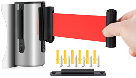 Stagecaptain PLSW-300 SR Système De Guidage De Personnes Boîtier De Sangle Argent - Bande Rétractable Pour Montage Mural - Sangle Rouge De 3m De Longueur - Pour Expositions, Hôtels, Cinémas, Etc.
