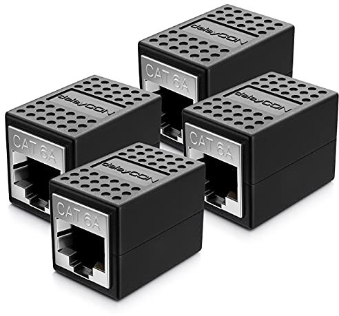 deleyCON 4 Piezas Acoplador RJ45 (10 Gbit/s) LAN Cable de Extensión de Cable de Red Ethernet Adaptador Conector Compatible con Cat8, Cat7, Cat6, Cat5 Patch Cable LAN DSL PoE 2X RJ45 Enchufe - Negro