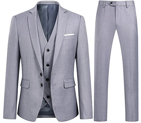 YOUTHUP Costume Homme 3 Pièces Slim Fit Smoking Deux Boutons Mariage Business Confort Elégant Veste Gilet et Pantalon, Gris Claire, M