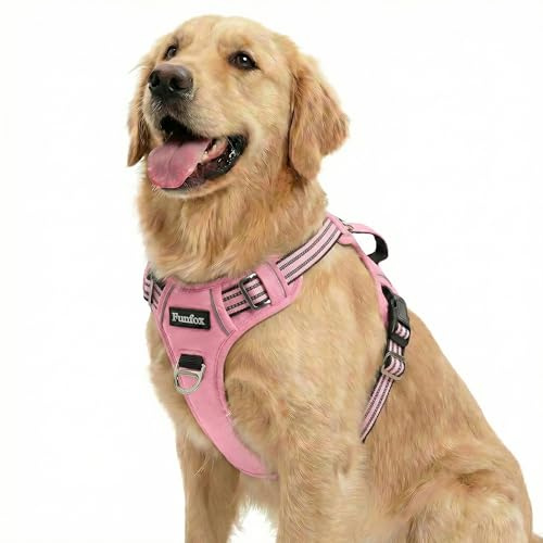 Funfox Hundegeschirr Mittelgroße Hunde [L] - Verstellbares Anti-Zug Brustgeschirr mit Griff & Reflektorstreifen, Atmungsaktives No Pull Hundegeschirr für Grosse/Kleine Hunde Outdoor Rosa
