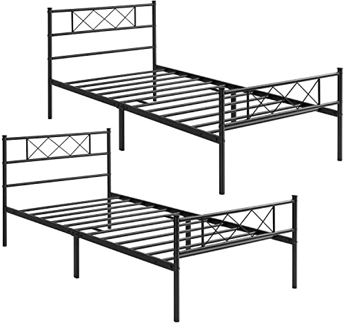 Yaheetech Set di 2 Struttura Letto Singolo in Metallo Ferro con Testiera a Forma di X Telaio con Rete a Doghe per Camera Dormitorio 90 x 190 cm Nero