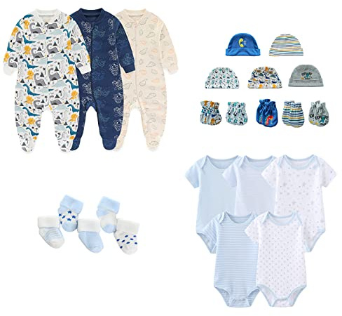 MAMIMAKA Nyfödd babykläder set 23-delar, 5-pack bodysuit+3PJS och tillbehör för 0-6 månader, Blå-1, 3-6 Months