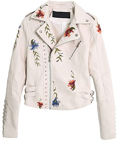 VALINK Chaqueta de cuero para mujer, remaches bordados, chaqueta de cuero floral para mujer, chaquetas de piel sintética, abrigo corto casual para primavera, otoño e invierno, beige