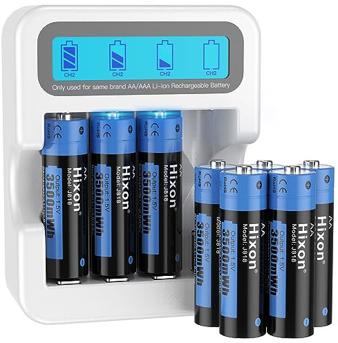 Hixon Pilas de litio AA, batería de litio recargable de 1,5 V AA, 3500 mWh y 1600 ciclos largos, 8 unidades de batería de litio de 1,5 V AA con carga rápida blanca LCD cargador