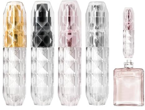 4PCS Clear Perfume Atomiser Refillable,5ML Mini Perfume Travel Bottle, Leak Proof Spray Bottles,Portable for Perfume Aftershave Travel Holiday,Business and Outdoor Activities(Black+Gold+Pink+Silver)