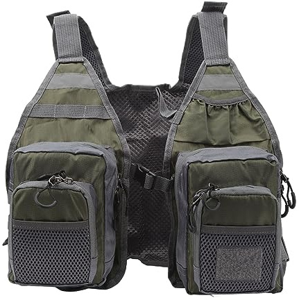 Fly Fishing Vest Reflective Strips Mesh Lining Fishing Vest Adjustable Belt for Men for Camping (GREEN)