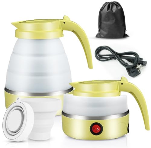 Faltbarer Wasserkocher, Piashow 600ml Camping Wasserkocher Mini Reisewasserkocher Faltbar Silikon Wasserkessel mit 2 Faltbecher, Reise Wasserkocher Faltbar Elektrisch Klein für Camping, Reise, Outdoor