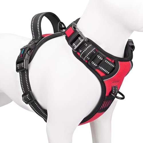 PHOEPET No Pull Justerbar hundsele för daglig promenad med nackslinga och reflekterande band, kontrollhandtag för medelstora och stora hundar (röd, S)