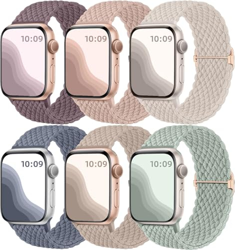Maledan Flätat solo loop-armband kompatibelt med Apple Watch, 38, 40, 41, 42, 44, 45, 46, 49 mm, unisex, stretchigt, elastiskt sportband i nylon för iWatch SE, serierna 1 till 10, Ultra, 6-pack