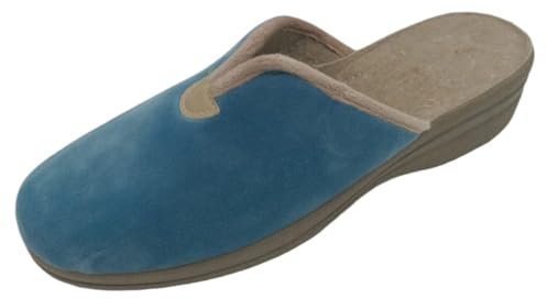 HECHO EN ESPAÑA Zapatillas de Casa con Cuña para Mujer - Suela Antideslizante - Altura de 4,5 cm (corte azul claro, Sistema tallas calzado EU, Adulto, Números, mediano, 37)