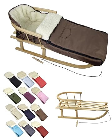 Kombi-erbjudande träsläde med ryggstöd och dragrep universell vinteråkpåse (108 cm), även lämplig för babystol, barnvagn, buggy, av ull, uni (brun)