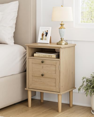 HEYZOEY Table de chevet en bois avec porte et compartiment ouvert, table d'appoint avec rangement pour chambre à coucher et salon, moderne table de nuit (Chêne clair, 39×29×60 cm)