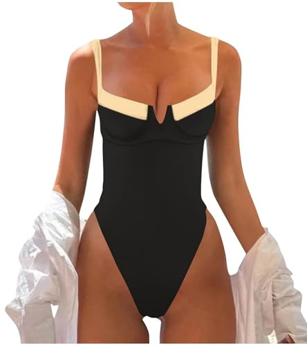 Generisch 2025 Bañador Mujer Trajes de Baño Abdominal Swimsuit Mujer Traje de Baño de Corte Alto Cuello de Pico Color Bloque Adelgazante Tirantes Espaguetis Bikini Parte Superior Blanco, Negro , M