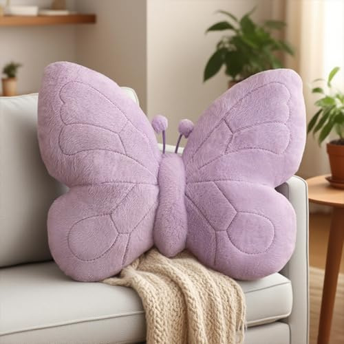 Ueiwffzo Schmetterling Kuschelkissen Kinder Butterfly Kissen, Weich Flauschige Aesthetic Plüschkissen, Kreative Sofakissen Zierkissen Deko Kissen für Mädchen Schlafzimmer Deko (Violett)