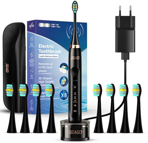 Seago Cepillo de dientes eléctrico con base de carga inalámbrica, cepillos de dientes ultrasónicos y estuche de viaje, temporizador de 2 minutos, 3 modos, 3 intensidades, 8 cabezales de cepillo, SG