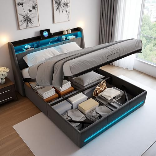 Cama tapizada de 160 x 200 cm, cama doble LED con espacio de almacenamiento y somier, cabecero con función de carga USB tipo C, cama de almacenamiento hidráulica, cama funcional juvenil, respaldo