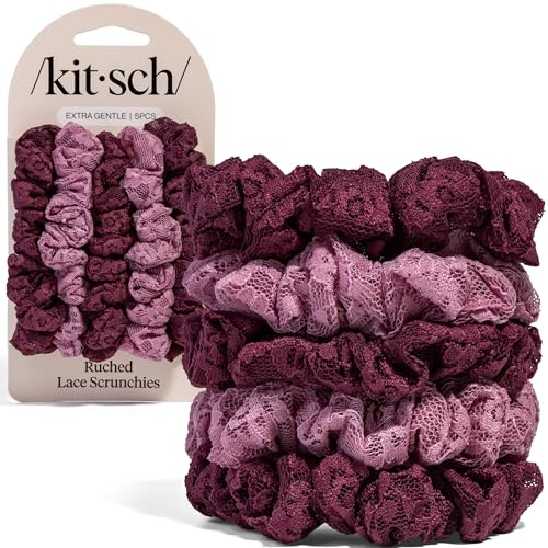 Kitsch Ruched Lace Hair Scrunchies For Women – Cherry Lacquer & Dusty Pink