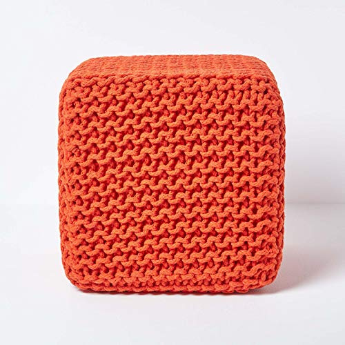 Homescapes - Pouf poggiapiedi lavorato a maglia, riempimento 100% cotone, per salotto, stanza di bambini o anziani, colore: Arancione Cube - 35 x 35 x 35 cm arancione