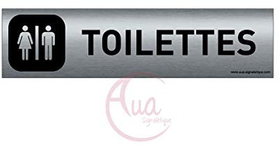 AUA SIGNALETIQUE - Plaque Aluminium brossé imprimé AluSign DARK - 200x50 mm - Double Face adhésif au dos (Toilettes H/F)