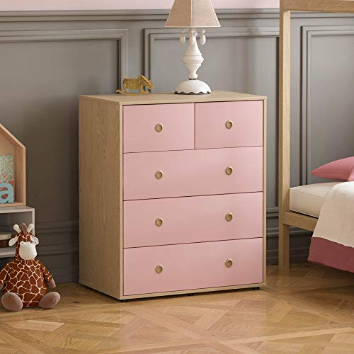 Junior Vida Neptune Cassettiera con 5 Cassetti, per Camera da Letto e Bambini (Rosa e Rovere), in Legno Ingegnerizzato, Altezza 76 x Larghezza 64.5 x Profondità 40 cm Circa
