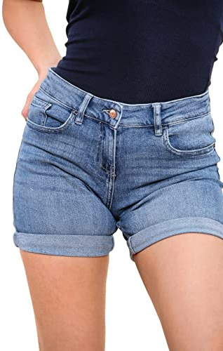 Womens Ex High Street Brand Denim Shorts Boyfriend Stretchy Mid Rise Ladies Hot Pants Size UK 8-22 (12, Blue)