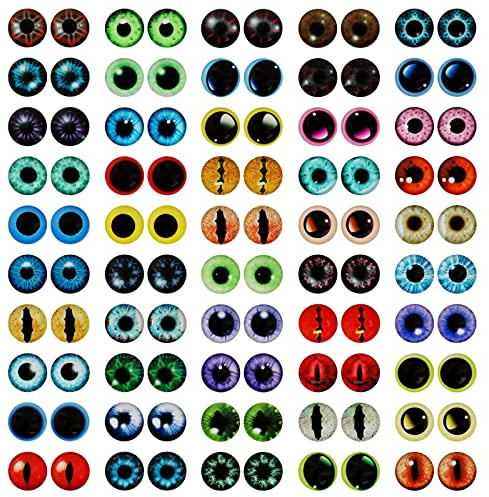 MWOOT 100 Piezas 12MM Juguete Ojos de Vidrio Ojos Manualidades Kit, Dragon Eyes Glass Cabochon Eyes, 50 Estilo Colores Cristal Gato Búho Pájaro Ojos para DIY Muñeca Joyas Joyería Halloween Decor