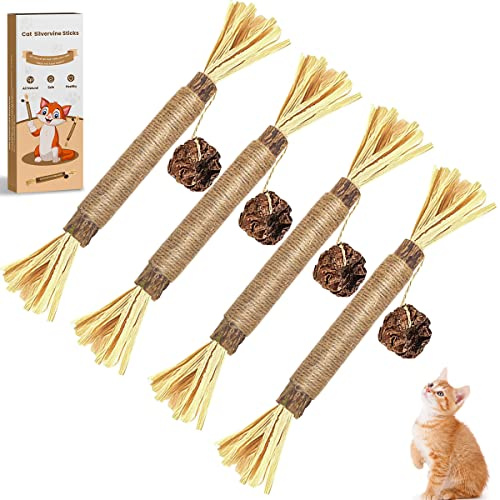 Aucenix Catnip Chew Sticks for kitten, Natural Matatabi Silvervine Cat Toy for Cat Teeth Cleaning, Silvervine for Cats Toys with Catnip, Cat Dental Sticks kitten Toys for Indoor Cat (4PCS-mutianliao)