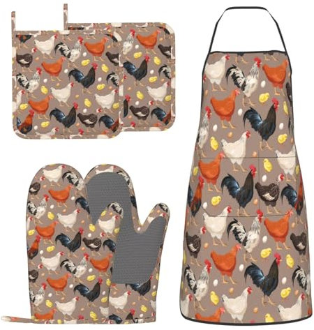 DONMYER Hühnchen Ofenhandschuhe und Topflappen mit Schürze Set von 5 Silikon Rassen von Huhn Küchenhandschuhe und rutschfeste Topflappen Schürze Set Hitzebeständig Lustige Hahn Henne Huhn
