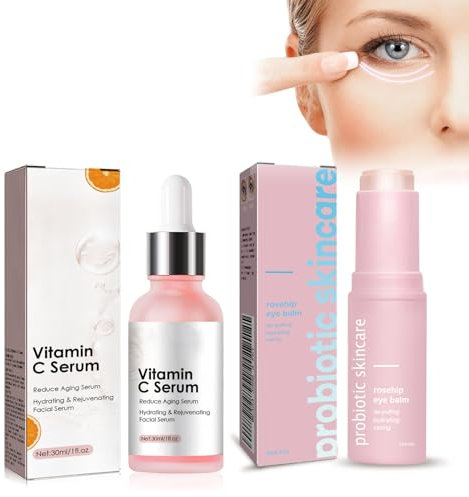 Siero Vitamina C+Crema per Gli Occhi alla Rosa Canina, Crema Anti-invecchiamento Sotto gli Occhi, Siero Viso Kit, Anti-età Eye Cream per Tutti i Tipi di Pelle, Siero Contorno Occhi Antirughe