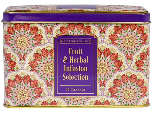 New English Teas Fruit & Herbal Tea Caddy with 40 Infusion Teabags - Rosehip, Hibiscus, Peppermint, Camomile, Black Tea with Lemon & Ginger