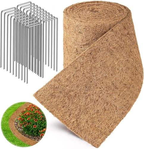 SYOZPXY Natural Mulch Roll, 120 x 6.3 Coconut Fiber Mulch Mat, 20U Shaped Steel Post, for Landscaping, Vegetable, Plant, Lawn Weed Barrier
