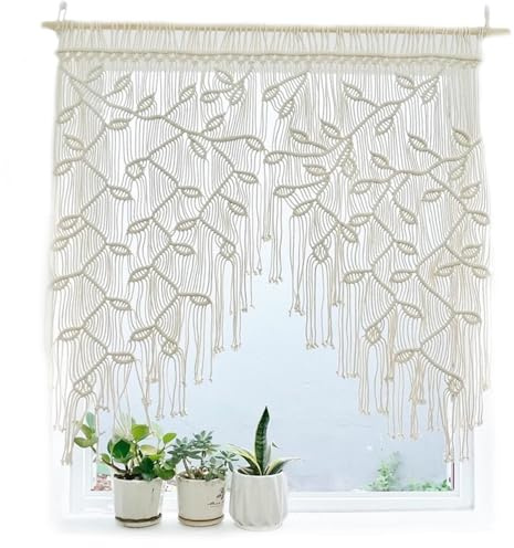 XJKLBYQ Macrame Sliding Curtains Boho Woven Leaves Short Country Style Bistro Curtains Wall Hanging Macrame Door Curtain Short Curtain for Living Room Balcony Door, Boho Curtain, Standard, Beige