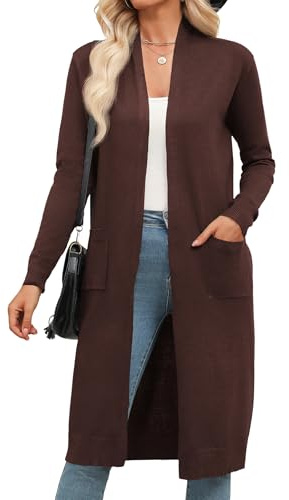 Zeagoo Women's Long Cardigan Sweaters Lightweight Fall Cardigan Sweaters Open Front Casual Knit Duster Coat with Pockets Brown