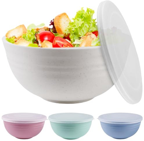 BAIFULAI Lot de 4 saladiers avec couvercle, bols à céréales, bols mélangeurs, en plastique alimentaire, légers et incassables, empilables, bols à soupe pour enfants et adultes