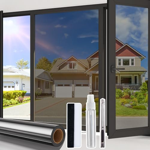 Beautysaid One Way Window Film Privacy Film for Glass Windows, Heat Control Reflective Mirror Window Tint Film Home, UV Sun Blocker Anti Glare Vinyl House Doors Cover with Tools, Black, 115 x 200cm