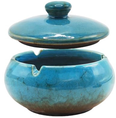 Aschenbecher für Draussen, Windaschenbecher keramik mit Deckel, Starker wind- und geruchsdichter Aschenbecher für den Außenbereich, für Balkone und Büros (Farbverlauf Blau)