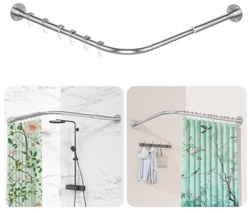 L Shaped Shower Curtain Rail, [60-90 cm] x [60-90 cm] Adjustable Corner Shower Curtain Rod, Wall Mounted Curved Shower Rail With 12 Rings & Ceiling Support For Bathroom, Need Drilling, Silver