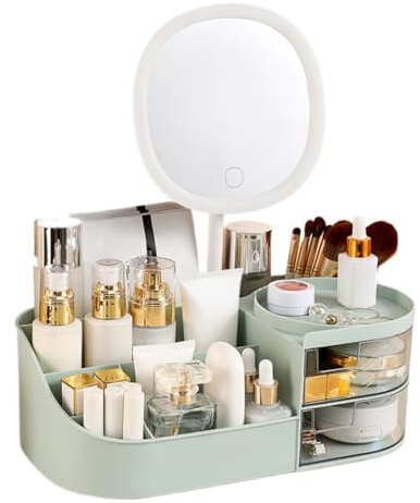 Cassetto Stile Cosmetico Scatola Di Stoccaggio Scrivania Spogliatoio Trucco Specchio Cura Della Pelle Prodotti Rack Rossetto Organizer (Verde,Specchio + Medio)