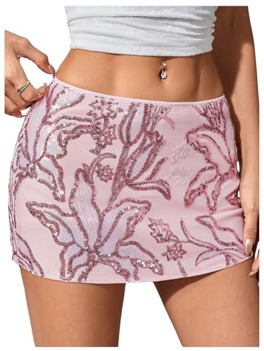 MakeMeChic Women's Floral Sequin Sparkly Mini Skirt Low Waist Bodycon Party Short Skirts Pink Small
