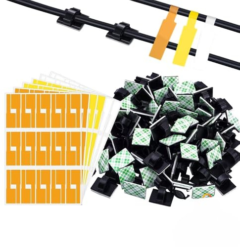 AloMuGar® - Pack Organizador de Cables y Etiquetas Adhesivas - 60 Clips Sujetacables Ajustables + 90 Etiquetas Descriptivas para Oficina, Hogar, Coche, Ordenar Cables y Organiza Cables
