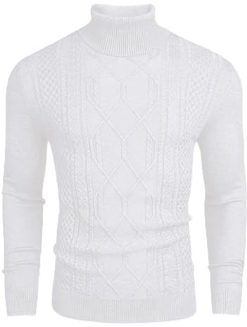 COOFANDY Pull Homme Hiver Tricot Col Roulé Slim Fit Motif Torsadé Manches Longues sans Capuche Blanc XL