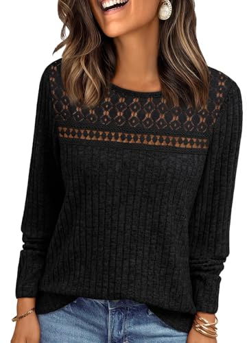 EIRUKON Pull Femme Chaud Manches Longues Tunique Décontractés Léger Sweatshirts Chic et Elegant Col Rond Pulls Automne Hiver Dentelle Haut Tops,Noir,L