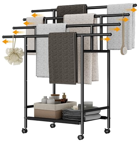 Homeiju Expandable Free Standing Towel Rack for Bathroom, 4 Tier Blanket Rack, Adjustable Blanket Holder for Bathroom, Towel Drying Rack Stand for Outdoor, Poolside, Black