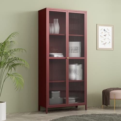 [en.casa] Armadio a Vetrata con 4 Scomparti Credenza Alta Libreria Espositiva Vetrina a 2 Ante in Vetro Semitrasparente Scanalato 180 x 80 x 35 cm Mobile in Acciaio - Rosso Vino
