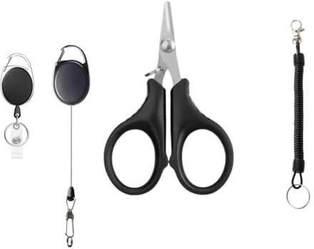 Ensemble de ciseaux de pêche avec libération rapide et cordon enroulé – 4 pièces noir, cordon de 16 cm