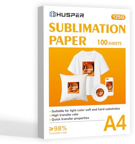 HUSPER A4 Sublimation Paper Work with Sublimation Ink for Inkjet Printers for Mugs T-Shirts Light Fabric and Other Sublimation Blanks (100 Sheets, 125G)