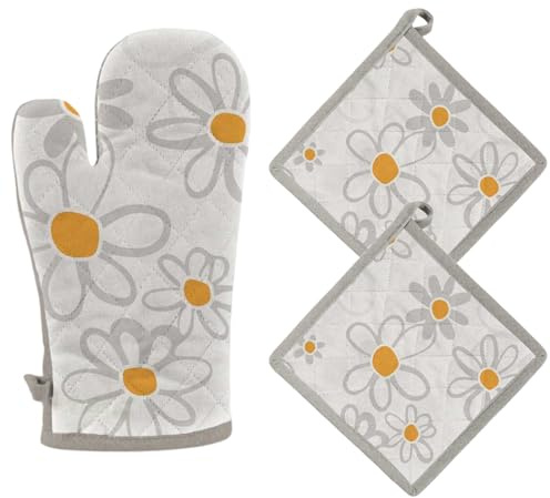 Set Presine da Cucina e Guanto da Forno in Cotone, Guanti da Cucina più 2 Presine con Fantasia Decorativa, Guanto forno 32x18 cm, Presina 20x20 cm