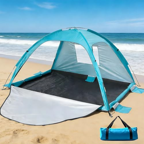 Tienda de campaña para playa, protección UV 50+ para 3-4 personas, tienda de campaña para la playa con 3 puertas con cremallera y 1 ventana de red, portátil, protección contra el viento, protección