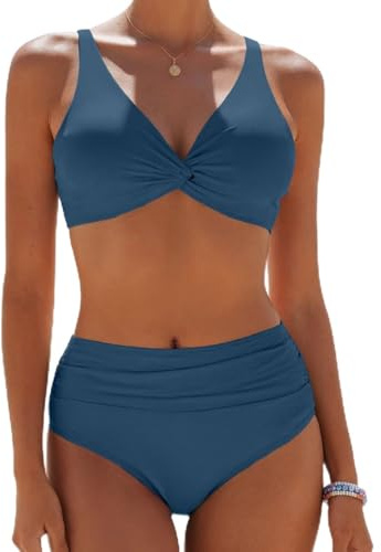 Yutdeng Bikini Mujer Braga Alta Bañador Dos Piezas Reductor Barriga Bikini Push Up con Relleno Crossover Cuello V Conjunto Bikini Alto Vientre Plano Traje de Baño Mujer 2 Piezas Ropa de Baño,Azul,XL