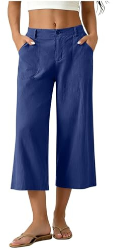 Générique Pantacourt Femme Été en Coton et Lin Pantalon 3/4 Fluide Taille Haute Élastique Ample Léger Respirant Capri Pantalon Yoga Chic et Élégant Jambe Large Confortable Pant Palazzo pour Plage